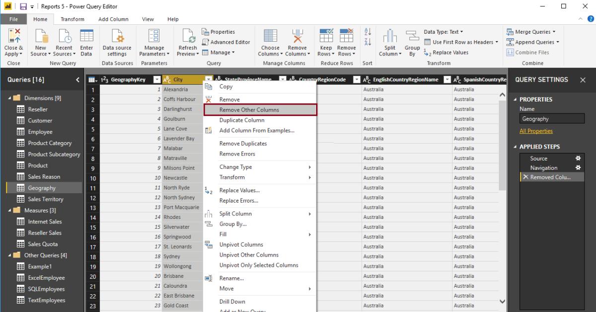 Hướng dẫn cách loại bỏ hoặc sắp xếp lại các cột trong Power BI
