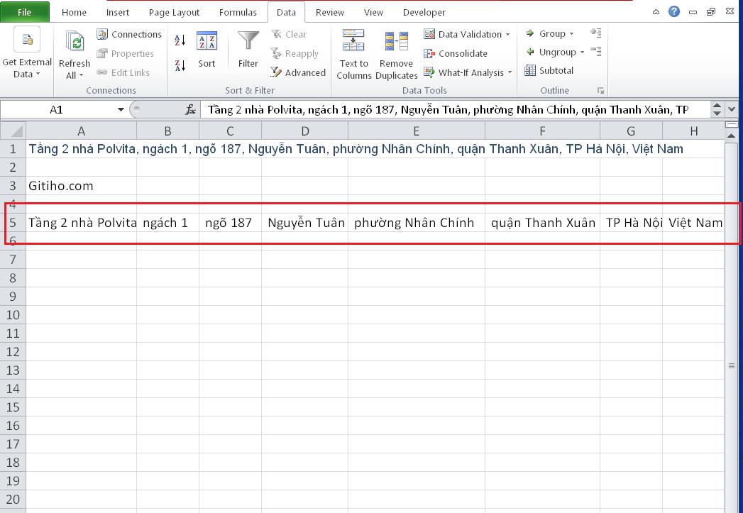 Cách chia tách địa chỉ thành các phần nhỏ trong Excel
