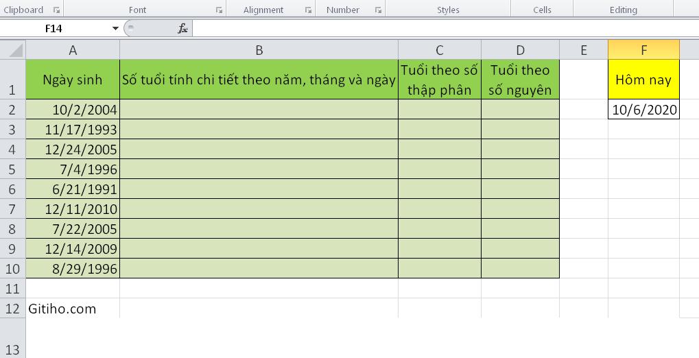 Hướng dẫn tính số tuổi theo năm, tháng và ngày sinh trên Excel