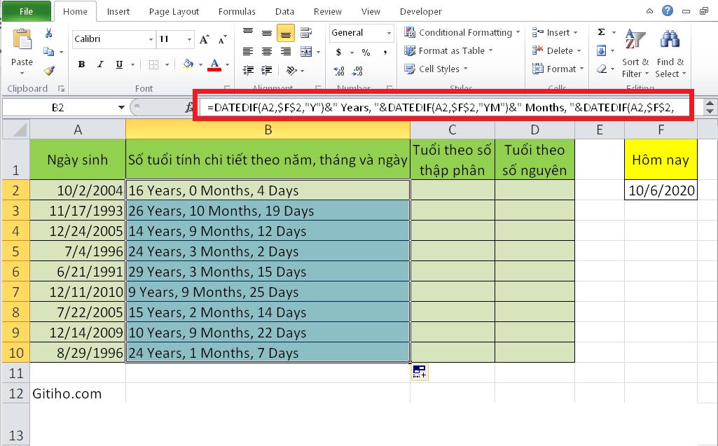 Hướng dẫn tính số tuổi theo năm, tháng và ngày sinh trên Excel
