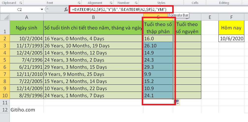 Hướng dẫn tính số tuổi theo năm, tháng và ngày sinh trên Excel