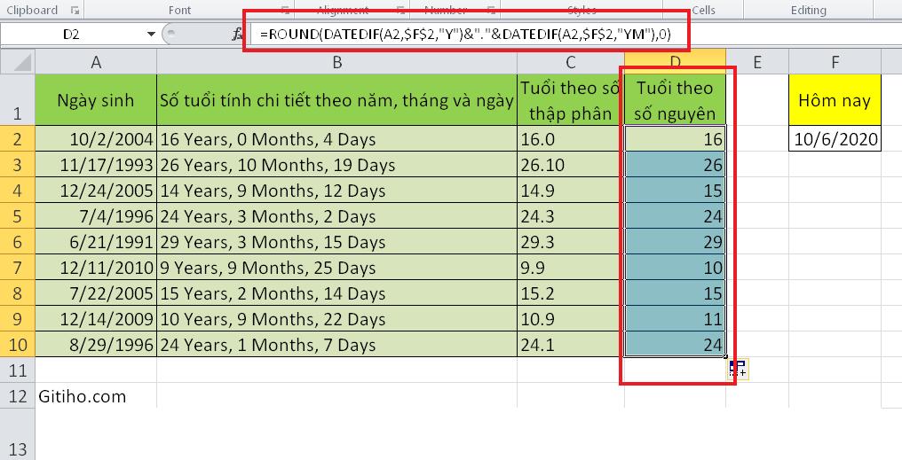 Hướng dẫn tính số tuổi theo năm, tháng và ngày sinh trên Excel