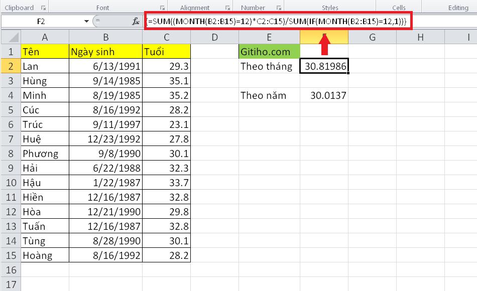 Hướng dẫn tính trung bình tuổi theo năm/tháng/ngày trên Excel