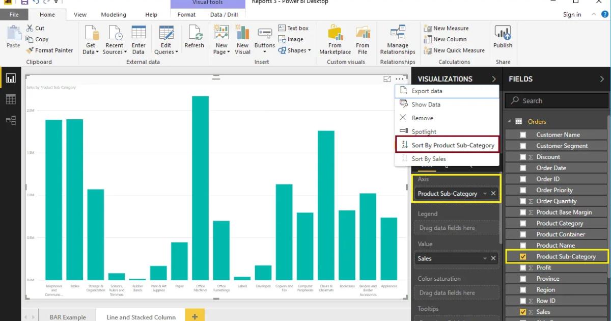 Hướng dẫn tạo biểu đồ đường kết hợp cột chồng trong Power BI