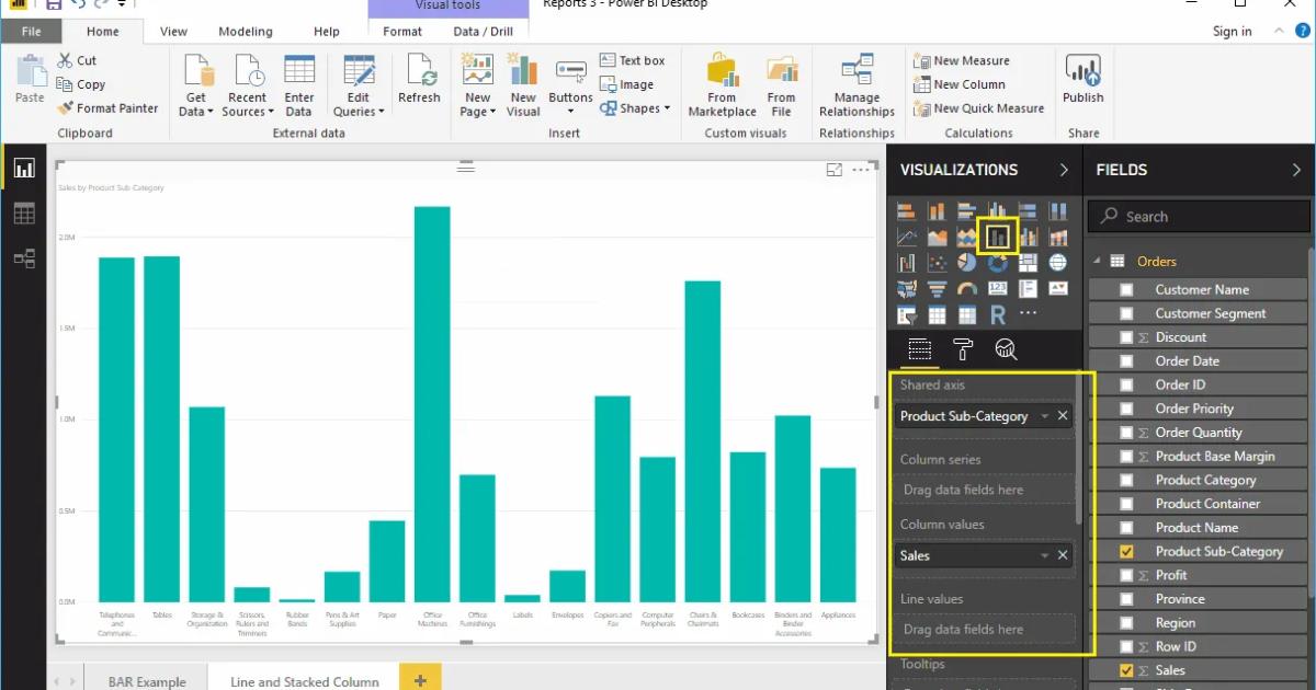 Hướng dẫn tạo biểu đồ đường kết hợp cột chồng trong Power BI