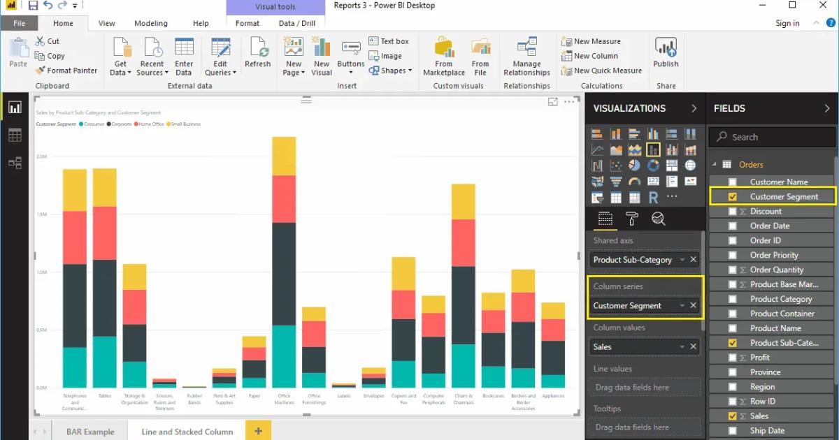 Hướng dẫn tạo biểu đồ đường kết hợp cột chồng trong Power BI