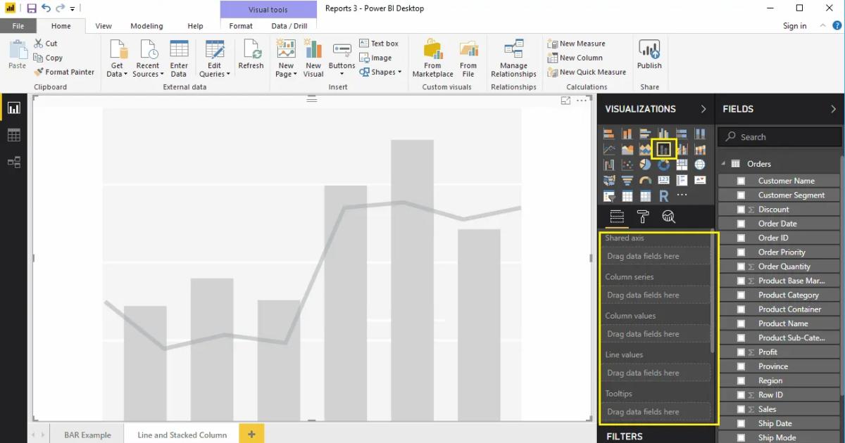 Hướng dẫn tạo biểu đồ đường kết hợp cột chồng trong Power BI