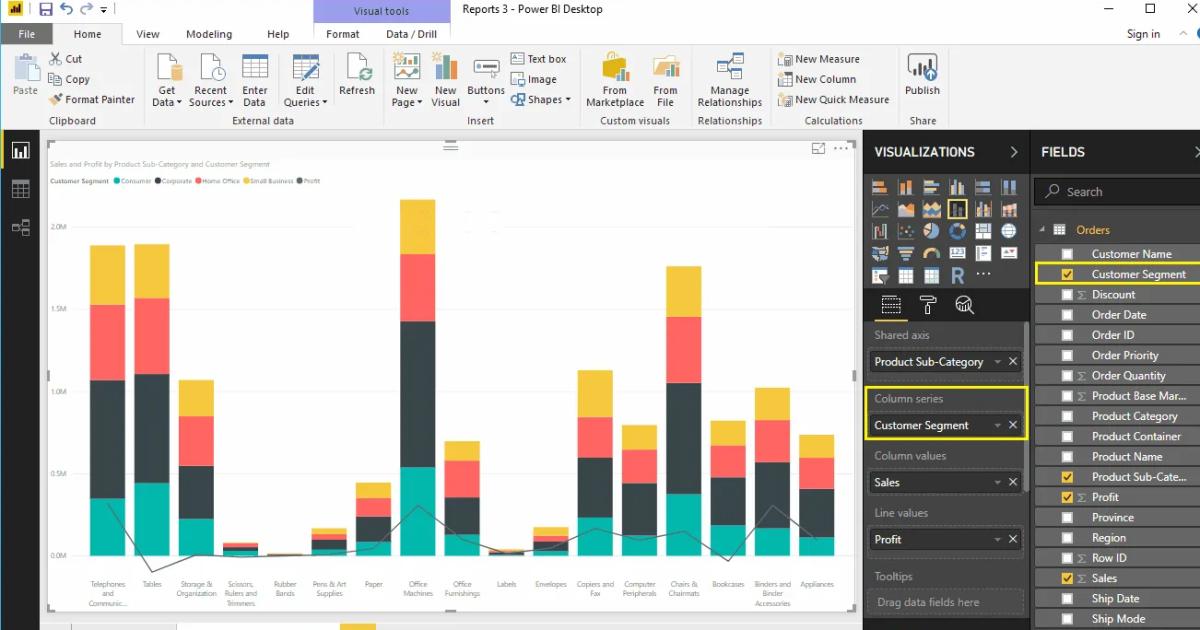 Hướng dẫn tạo biểu đồ đường kết hợp cột chồng trong Power BI
