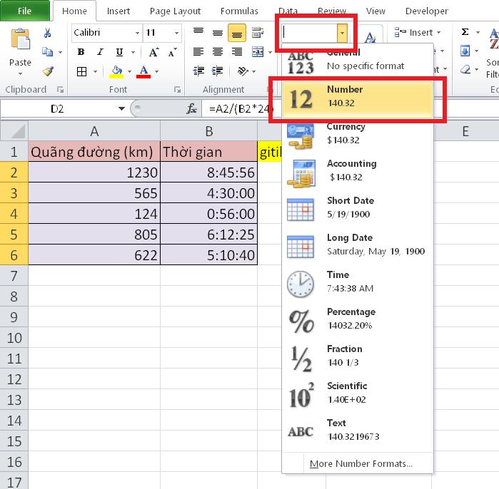 Hướng dẫn tính tốc độ trung bình từ quãng đường và thời gian trong Excel