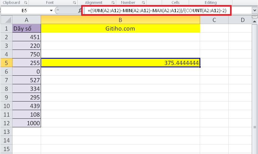 Cách tính giá trị trung bình ngoại trừ số lớn nhất nhỏ nhất của vùng dữ liệu 