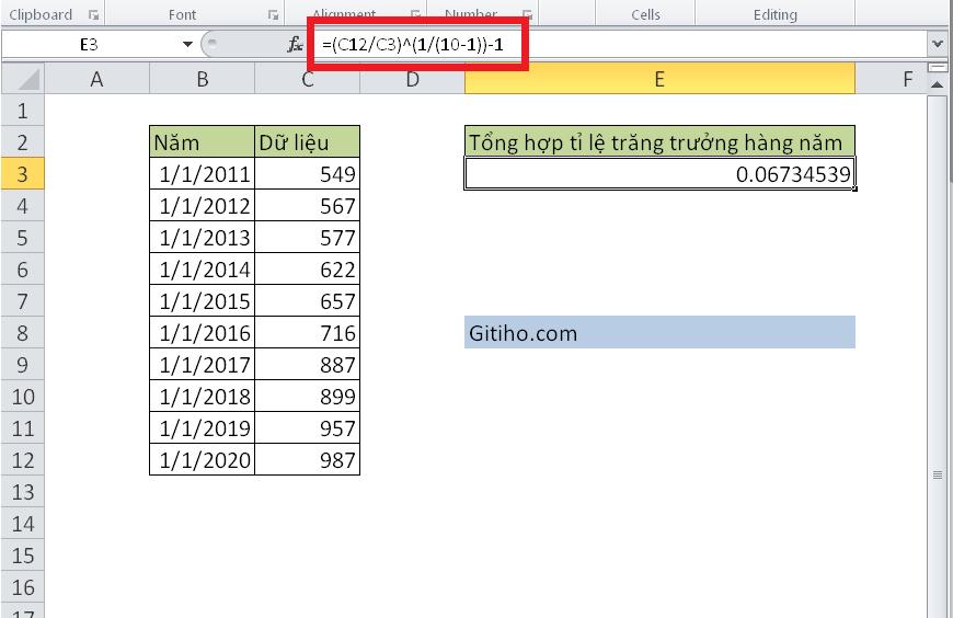 Hướng dẫn tính tốc độ tăng trưởng bình quân và tốc độ tăng trưởng kép hàng năm trên Excel
