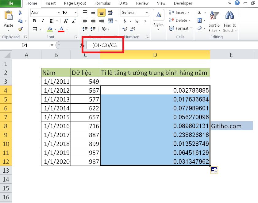 Hướng dẫn tính tốc độ tăng trưởng bình quân và tốc độ tăng trưởng kép hàng năm trên Excel
