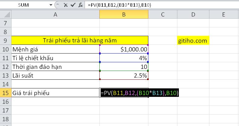 Hướng dẫn tính giá trái phiếu trên Excel