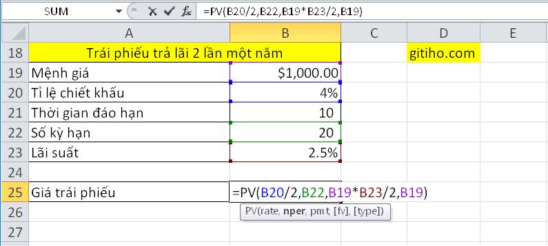 Hướng dẫn tính giá trái phiếu trên Excel