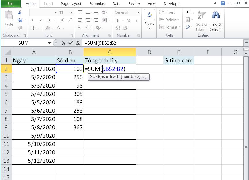 Hướng dẫn tính tổng lũy kế trên Excel