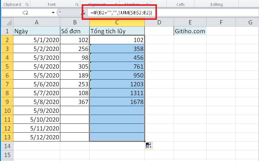 Hướng dẫn tính tổng lũy kế trên Excel