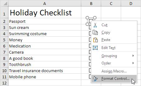 cách tạo ô click chọn trong Excel cho danh sách công việc