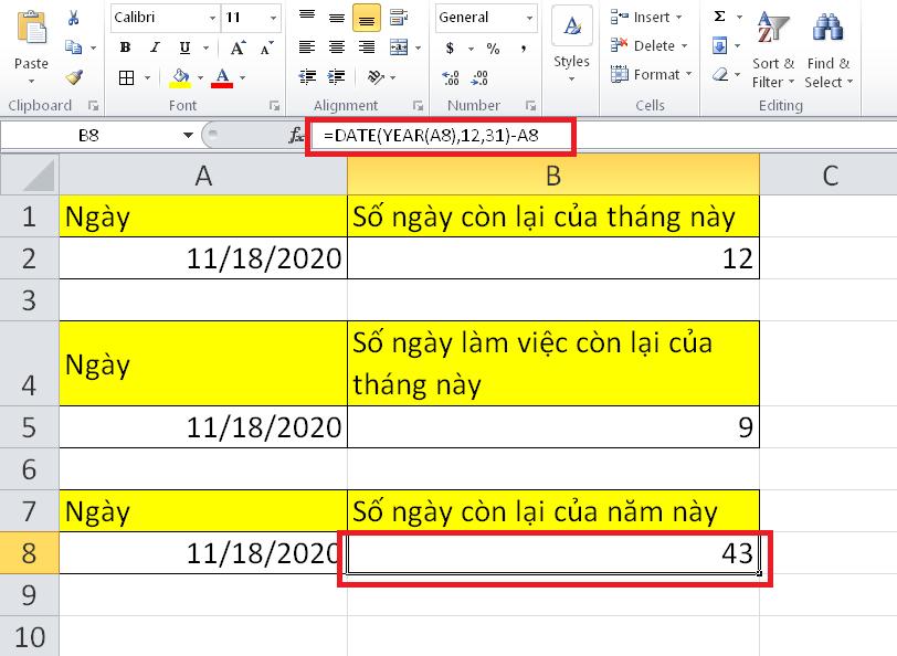 Cách tính số ngày còn lại của tháng hoặc năm trên Excel