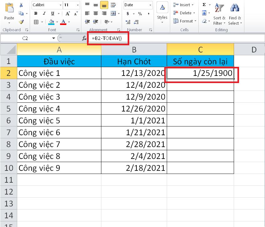 Hướng dẫn đếm ngược số ngày đến deadline trên Excel