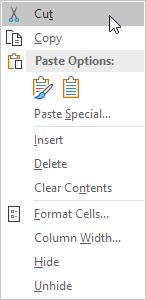 Chọn tính năng cut trong Excel