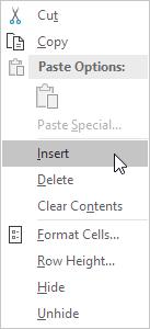 chọn Insert để chèn hàng mới trong Excel