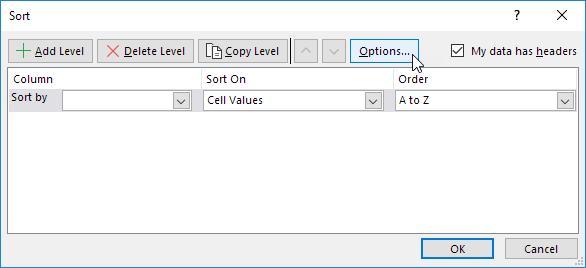 chọn Options trong hộp thoại Sort của Excel