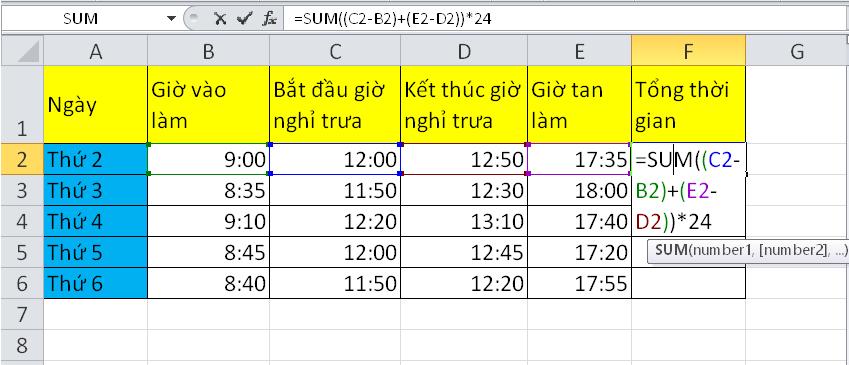 Cách tính số giờ làm việc sau khi trừ giờ nghỉ trưa trên Excel