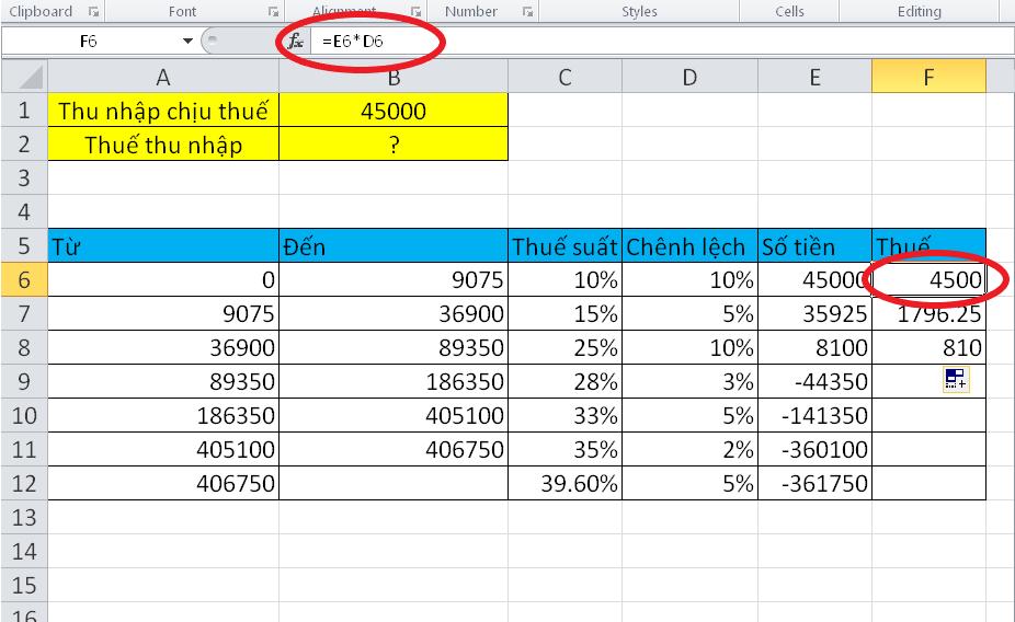 công thức tính thuế trong excel