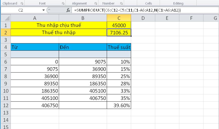 công thức tính thuế excel