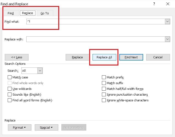 Xóa dòng trống trong Word bằng Find and Replace 3