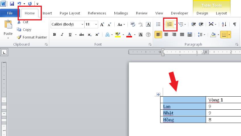 Cách đánh số thứ tự trong bảng Word 2