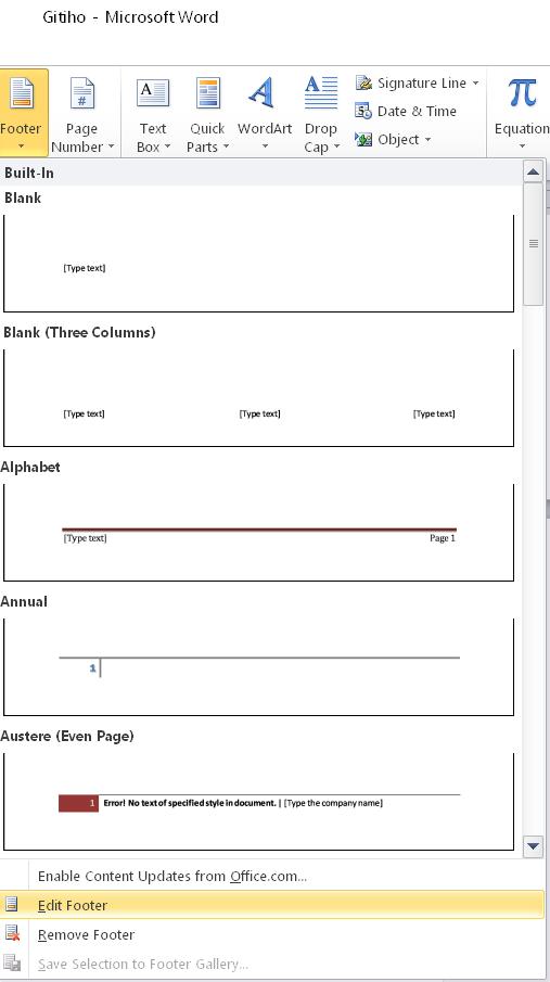 chọn chỉnh sửa chân trang trong word