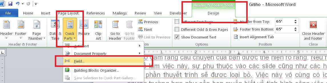 Chọn Field trong word