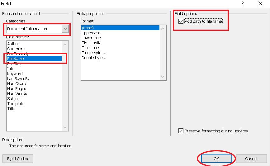 Cửa sổ Field trong word