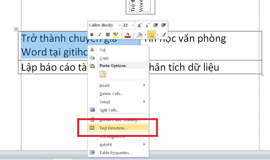 Đổi hướng chữ trong Word bằng cách dùng bảng 2