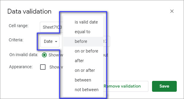 Đặt ngày/giờ thành một phần của Xác thực dữ liệu (Data validation).