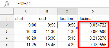 Chuyển đổi thời gian thành số thập phân trong Google Sheets