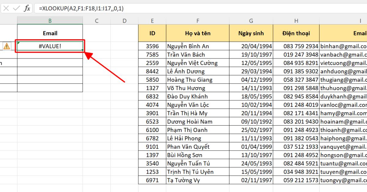 lỗi value trong excel khi dùng xlookup 1