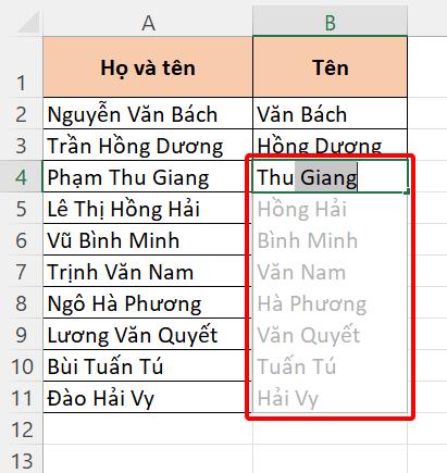 Dùng tính năng Flash Fill