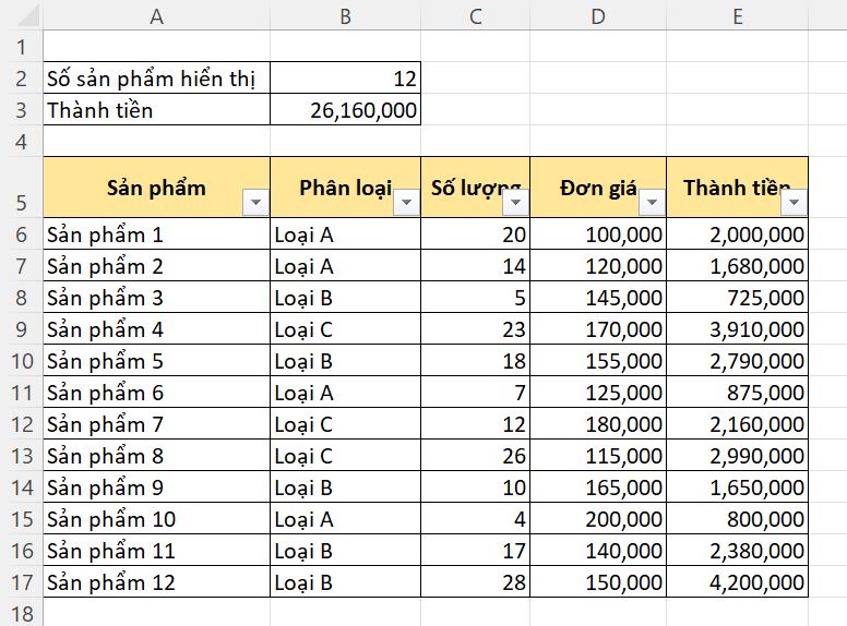 cách đếm số dòng trong excel 1