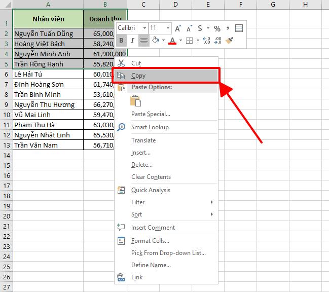 Copy pham vi dữ liệu vừa chọn