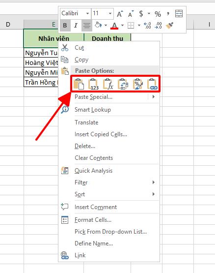 Cách tính năng khác của công cụ Paste Options