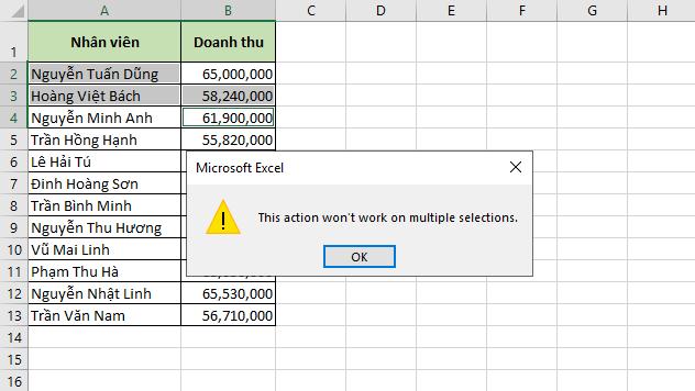 các ô tính không cùng hàng và không cùng cột không thể copy