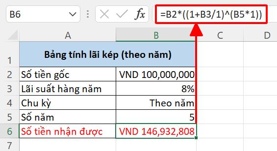 Cách viết công thức tính lãi kép theo năm, tháng, quý, ngày trên Excel