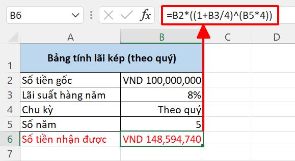 Cách viết công thức tính lãi kép theo năm, tháng, quý, ngày trên Excel