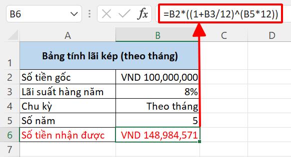 Cách viết công thức tính lãi kép theo năm, tháng, quý, ngày trên Excel