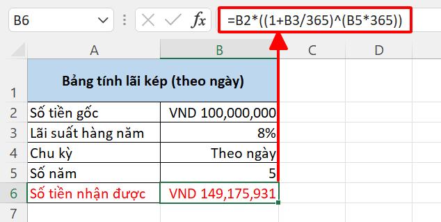 Cách viết công thức tính lãi kép theo năm, tháng, quý, ngày trên Excel