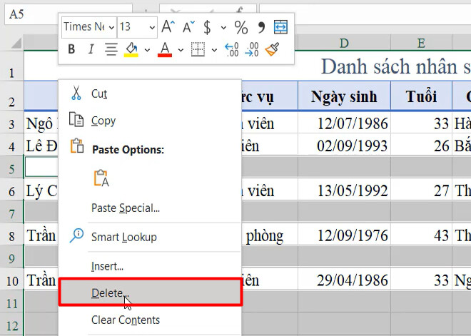 Lọc các dòng trống trong Excel