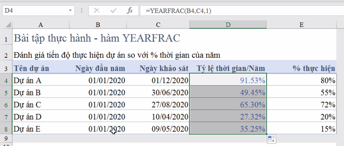 Cách dùng hàm YEAHFRAC xác định % thời gian trong một năm