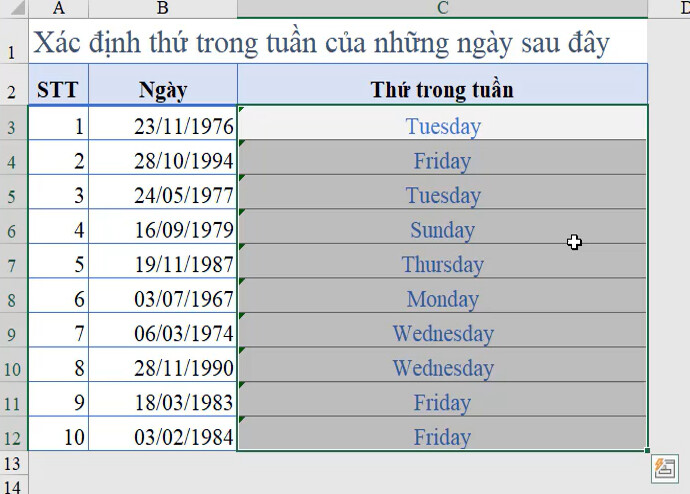 copy công thức xuống các dòng dưới trong Excel